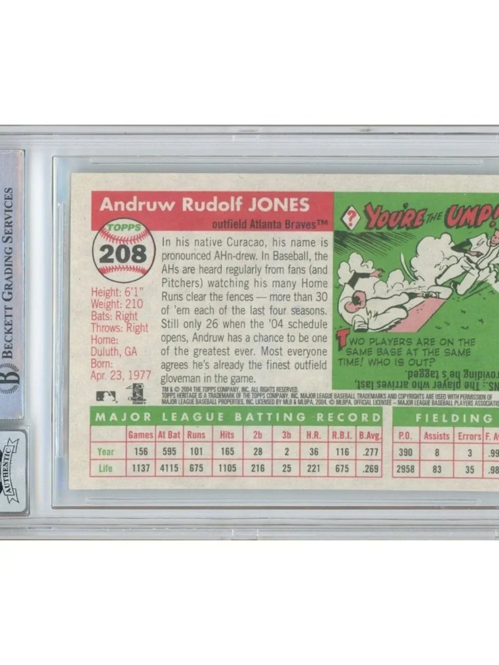 Andruw Jones Signed 2004 Topps Heritage #208 Baseball Card Beckett BAS Auto 10